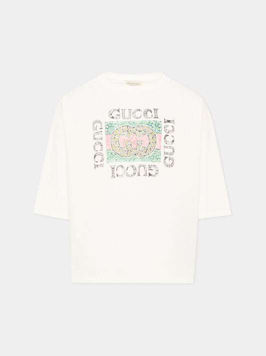 T-shirt a manica lunga avorio per bambina logo,Gucci Kids,868058 XJHYW 9214