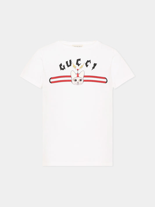 T-shirt a manica corta avorio per bambino stampa logo,Gucci Kids,547559 XJHXA 9043
