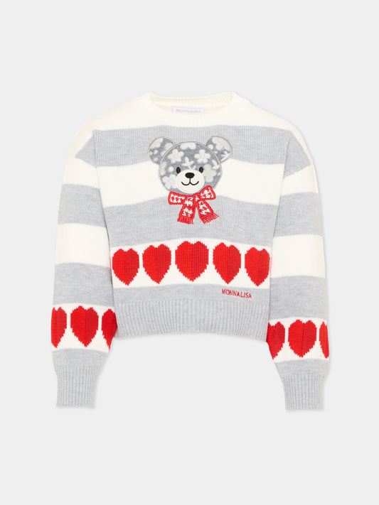 Maglione grigio per bambina con orsetto,Monnalisa,19H606 8062 0132
