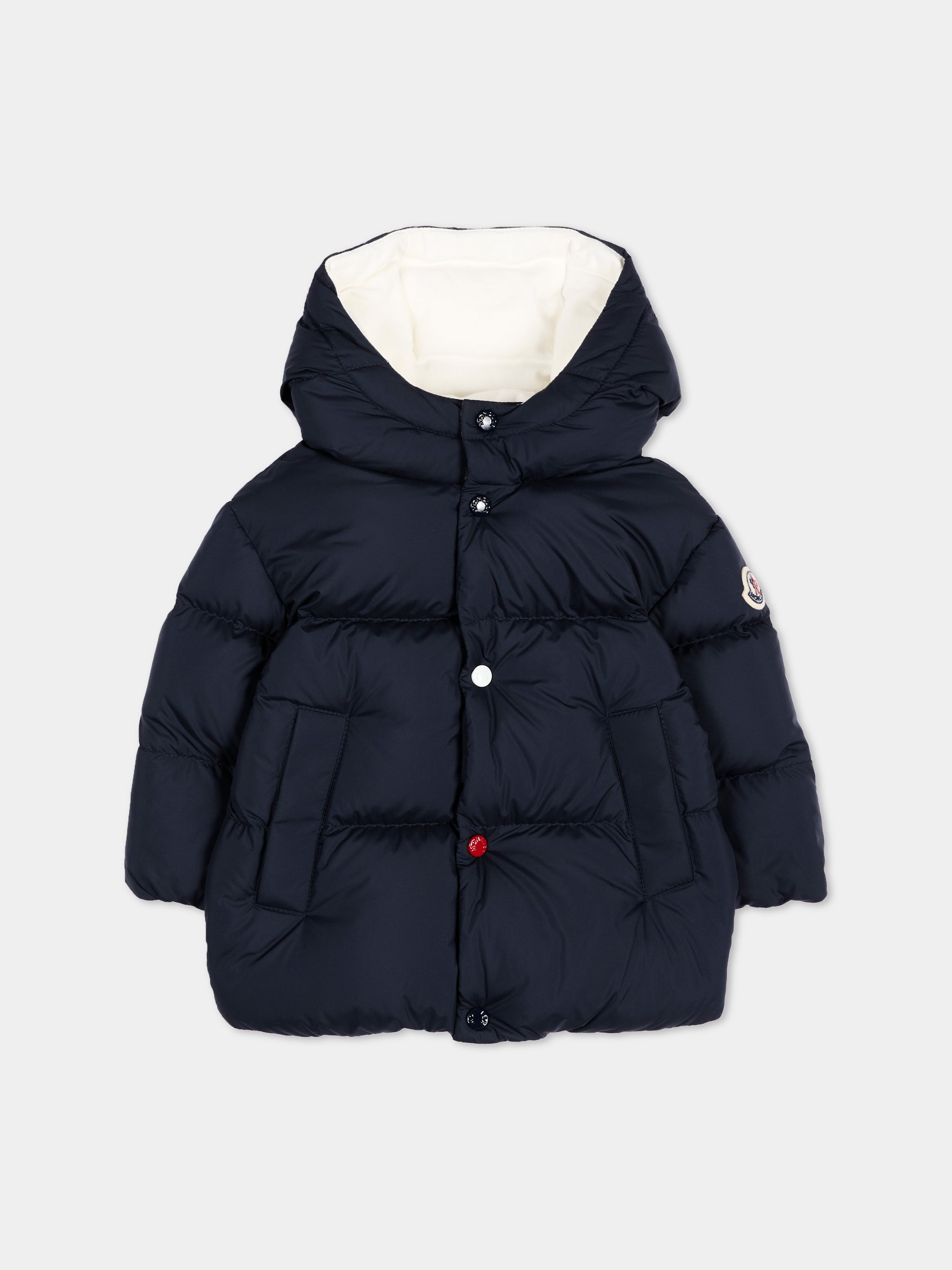 Piumini blu Romain per neonato con logo,Moncler Kids,L2951 1A00036 597X2 77G