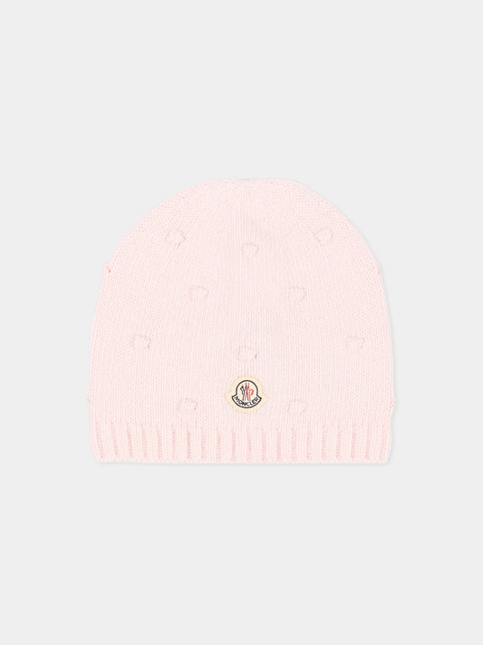 Berretto rosa per neonata logo patch,Moncler Kids,L2951 3B00010 M4281 529