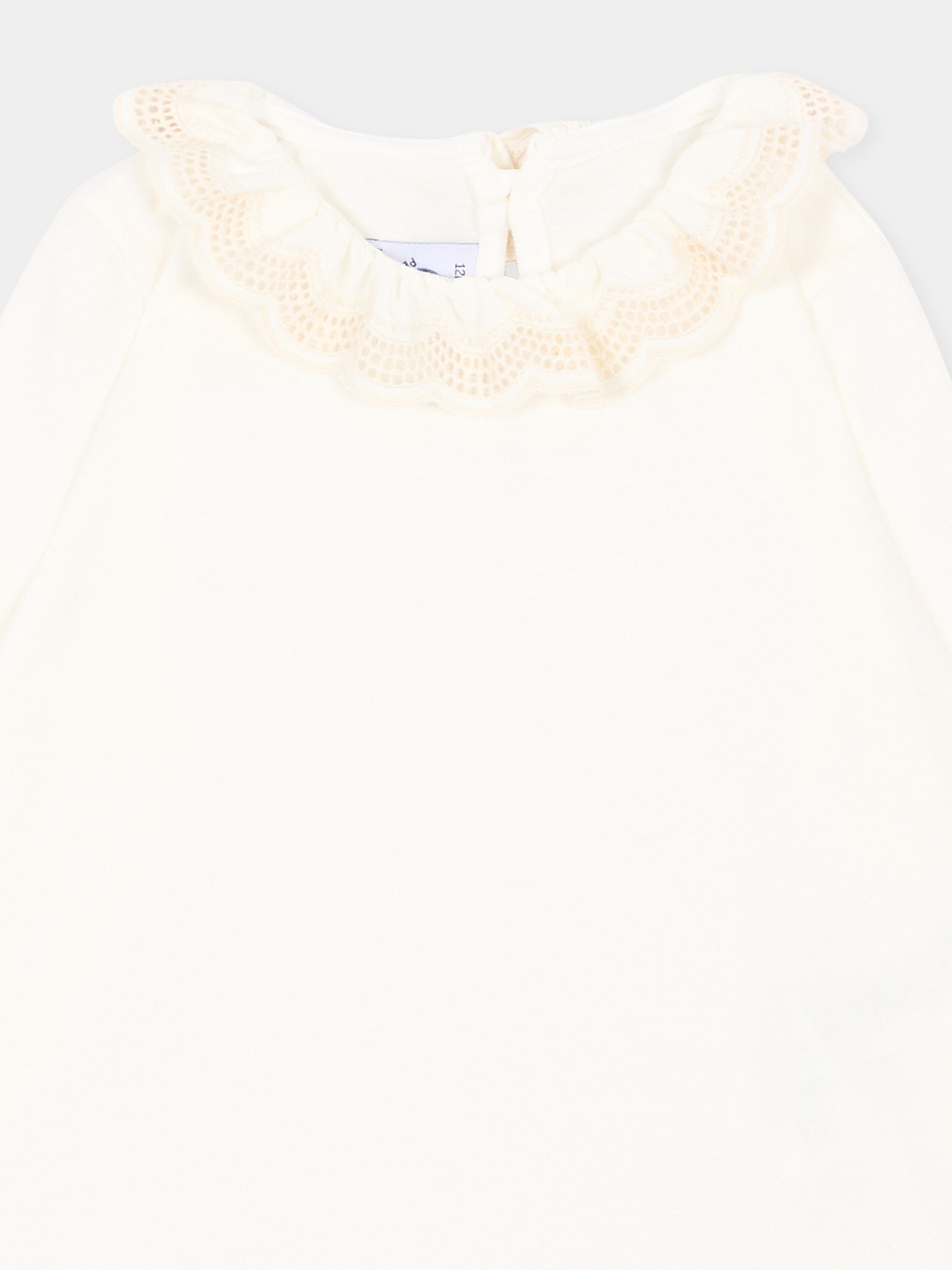 T-Shirt avorio per neonata con colletto in pizzo,Petit Bateau,A0GGO 01