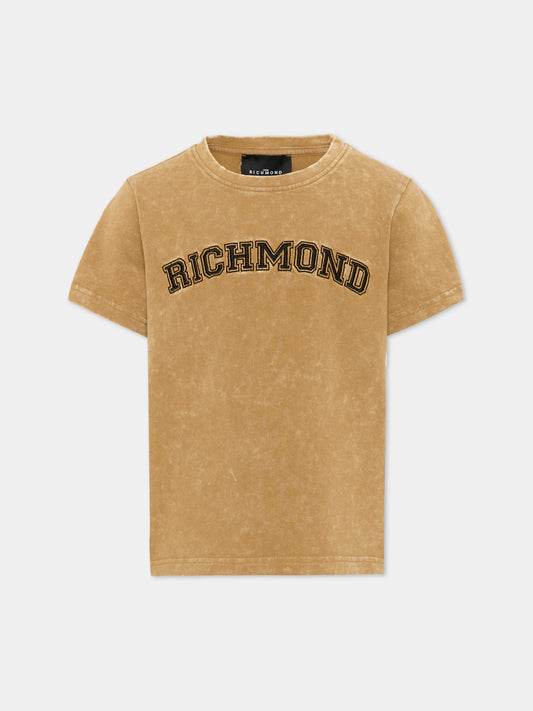 T-shirt a manica corta beige per bambino con logo,Richmond,RBA26011TS KHAKI_PALE KHAKI PALE