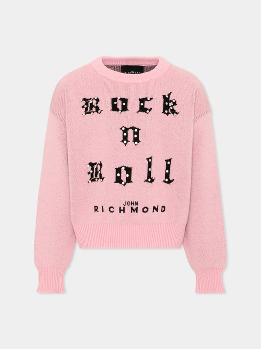 Maglione rosa per bambina con logo,Richmond,RGA26061MA PINK_B/BLK PINK BEGONIA