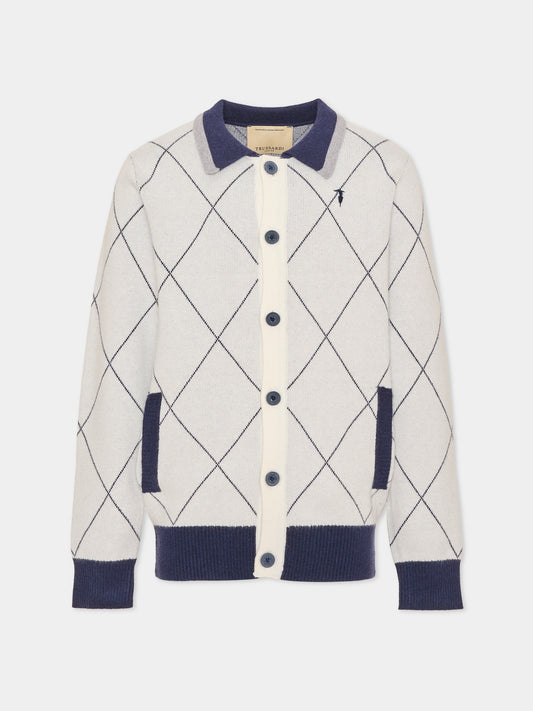 Cardigan avorio per bambino a rombi,Trussardi Junior,TBA26028CD O-WHT/BL.N OFF-WHITE