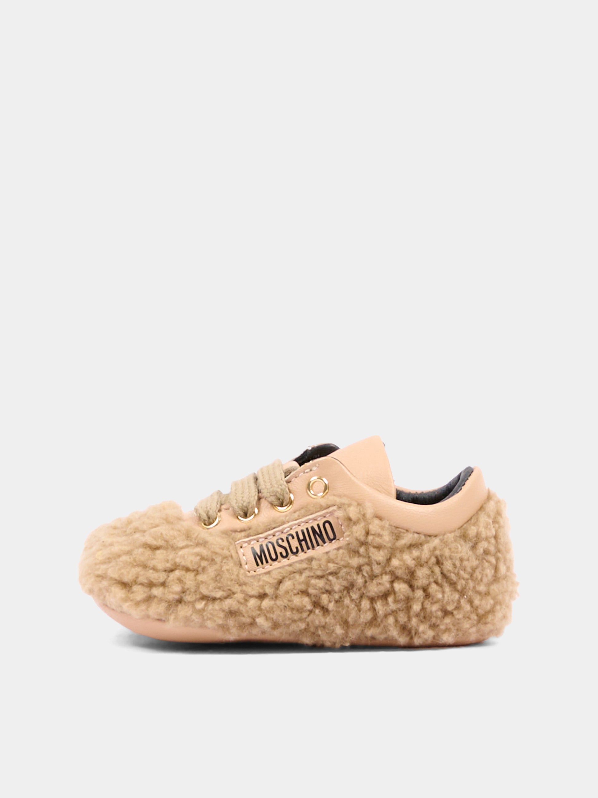 Sneakers beige per neonati effetto peluche,Moschino Kids,84055 VAR1