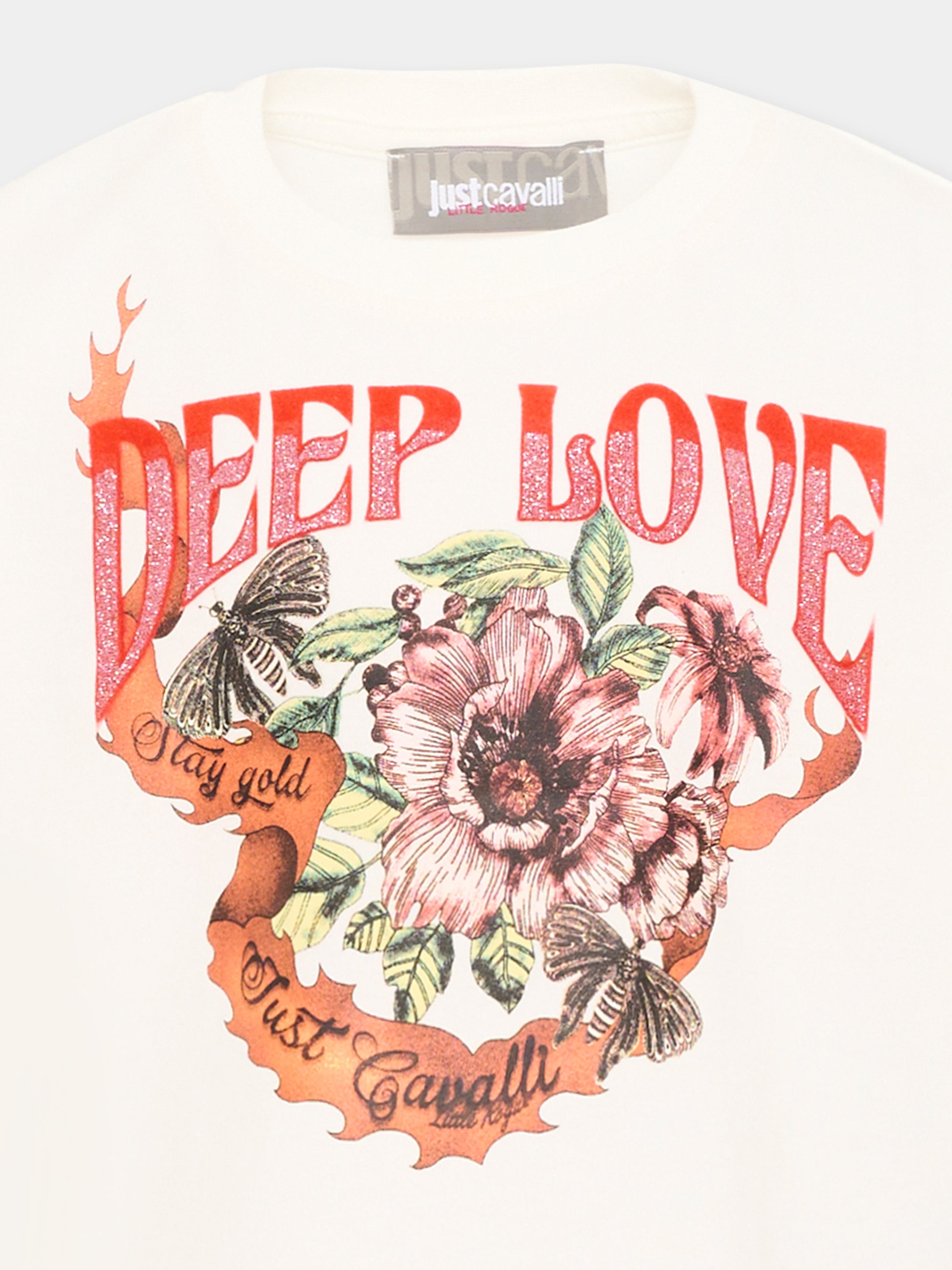 T-shirt avorio per bambina con fiori,Just Cavalli Kids,JGA26136TS MARSHMAL. MARSHMALLOW