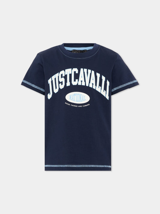 T-shirt blu per bambino con logo,Just Cavalli Kids,JBA26129TS BLUE_NAVAL BLUE NAVAL