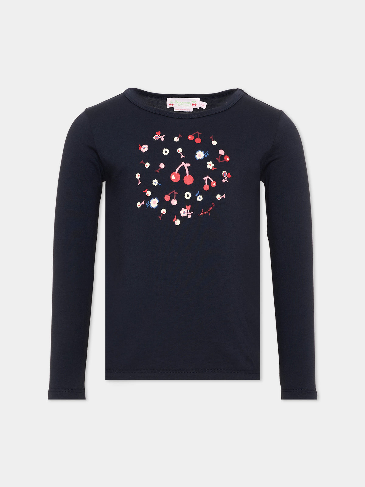 T-shirt blu per bambina con ciliegie,Bonpoint,W06GTSK00013 170