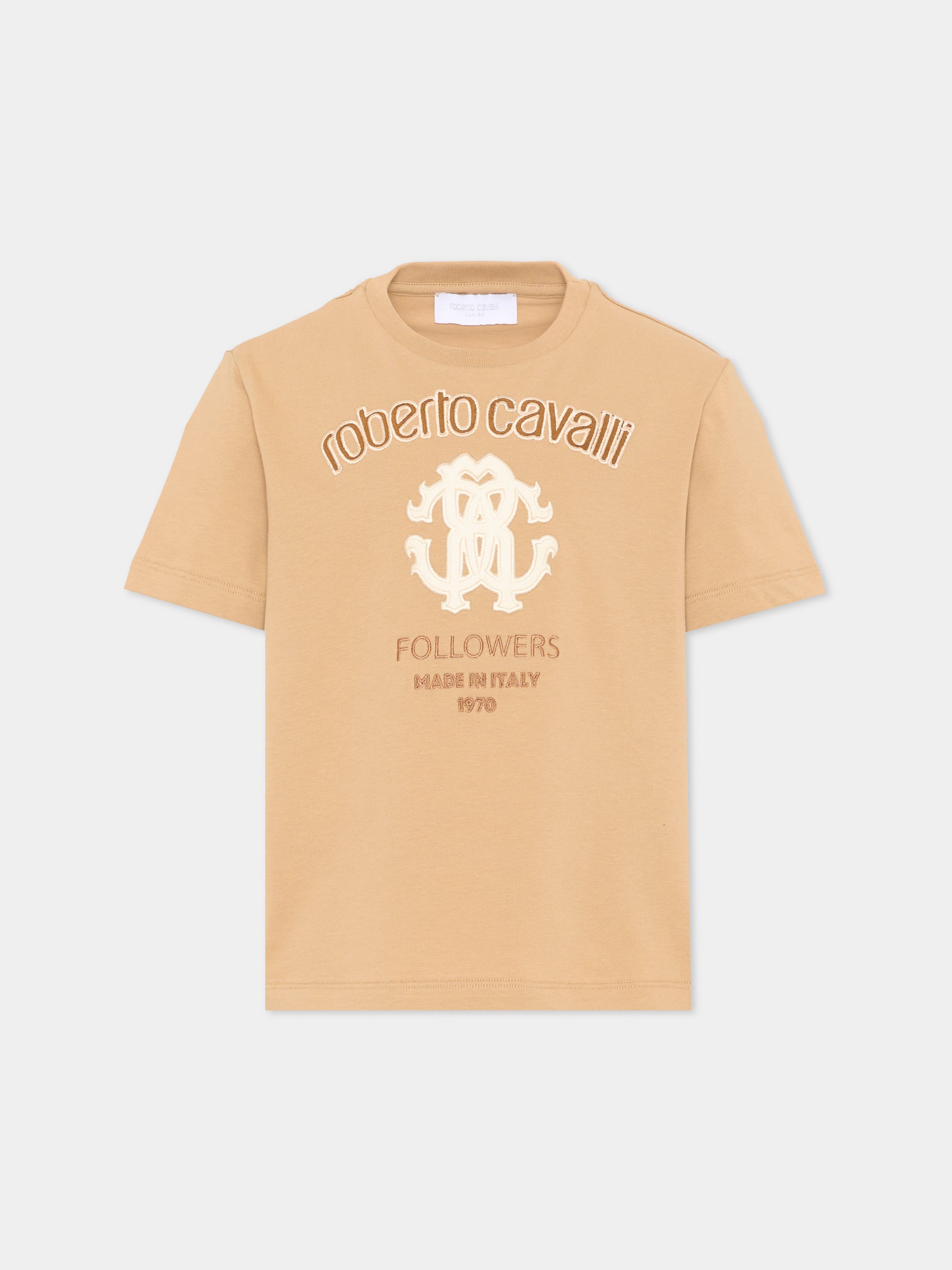 T-Shirt beige per bambini con logo,Roberto Cavalli Kids,CBA26070TS BEIG.MARZ.