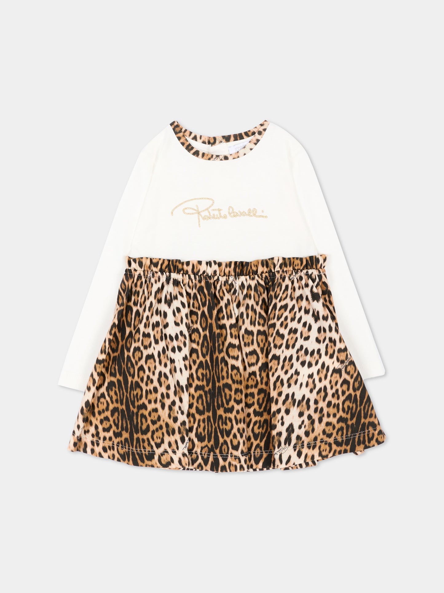 Vestito a manica lunga marrone per neonata animalier,Roberto Cavalli Kids,CIA26073VE AVOR.CC/GN