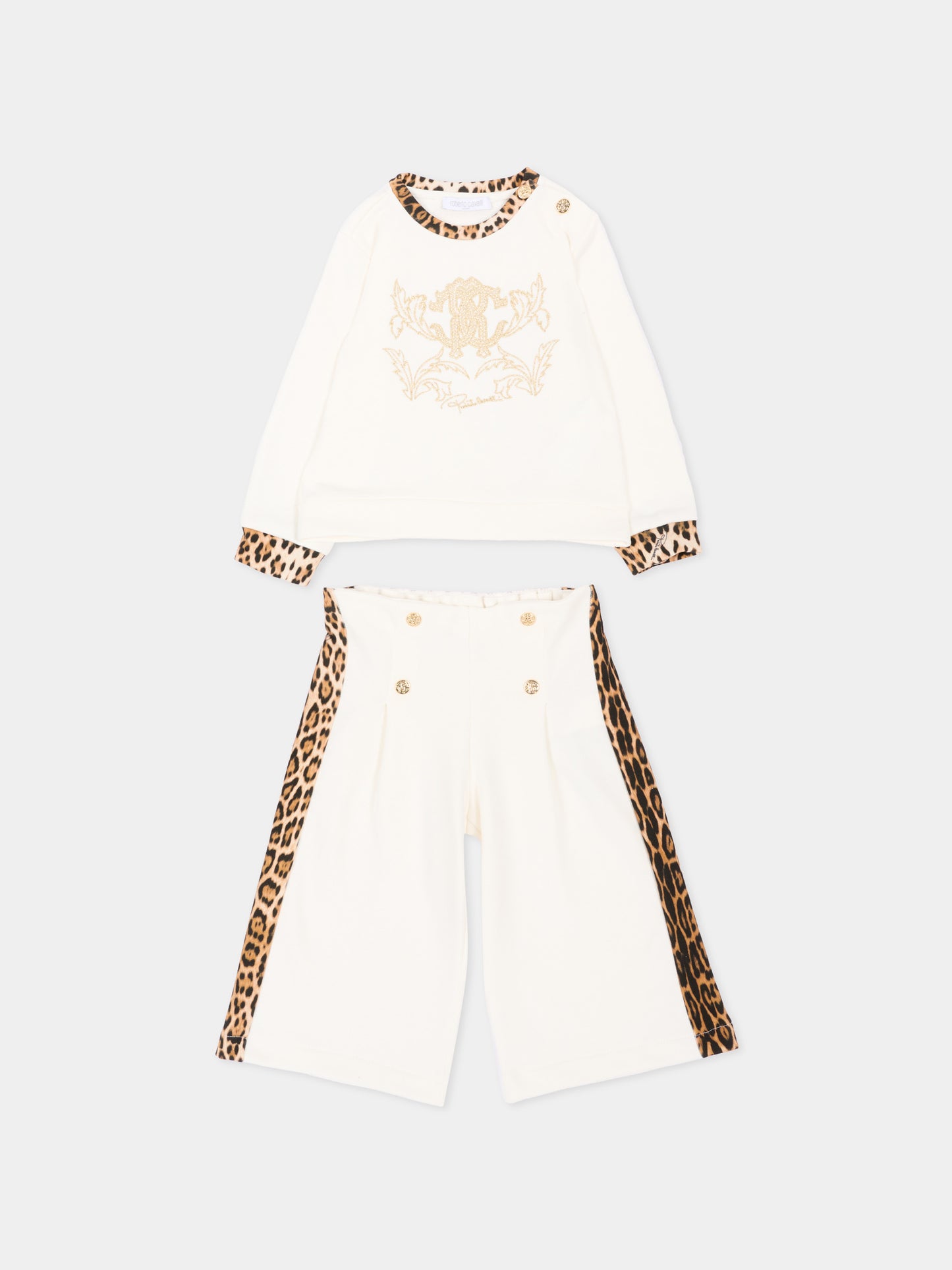 Completo sportivo avorio animalier per neonata con logo,Roberto Cavalli Kids,CIA26079CF AVOR.CC/GN