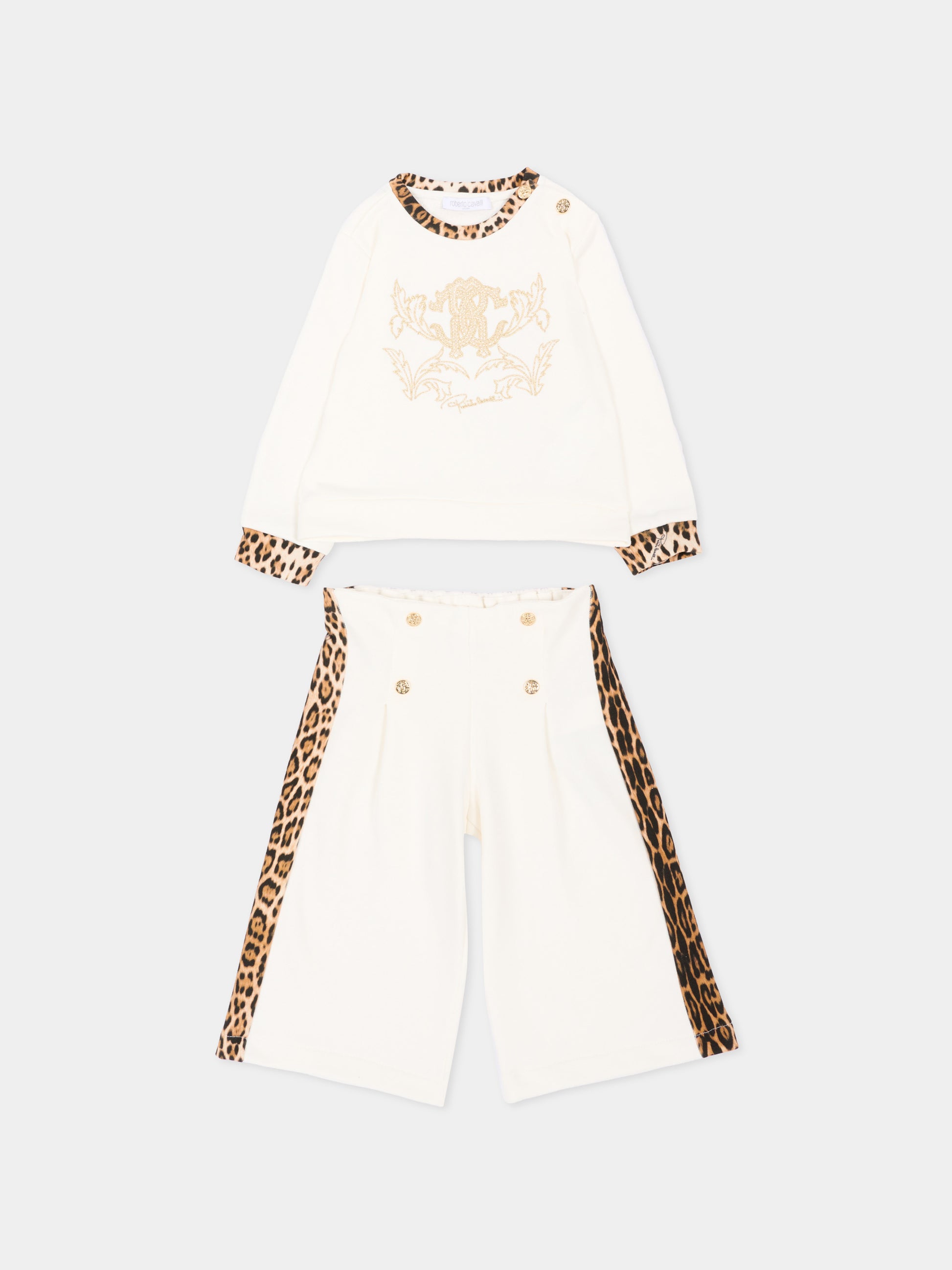 Completo sportivo avorio animalier per neonata con logo,Roberto Cavalli Kids,CIA26079CF AVOR.CC/GN
