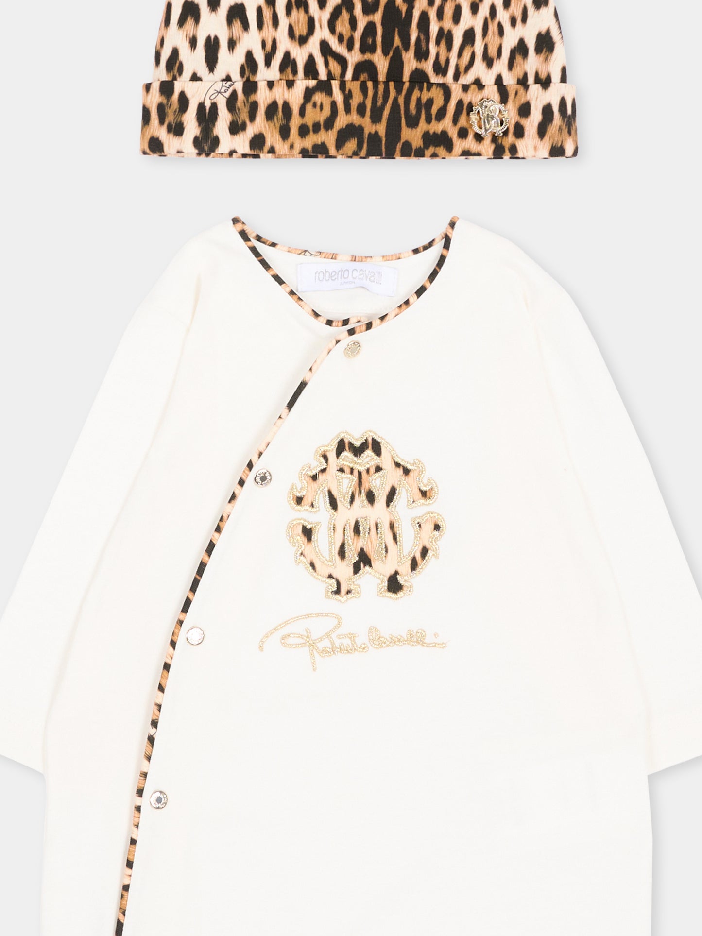 Set tutina avorio animalier per neonati con logo,Roberto Cavalli Kids,CLA26019TU AVOR.CC/GN