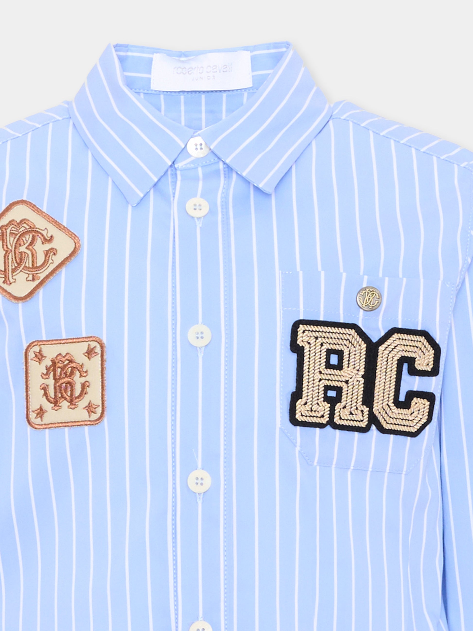 Camicia a manica lunga azzurra per bambino rigata,Roberto Cavalli Kids,CBA26017CA WHITE/SK/B