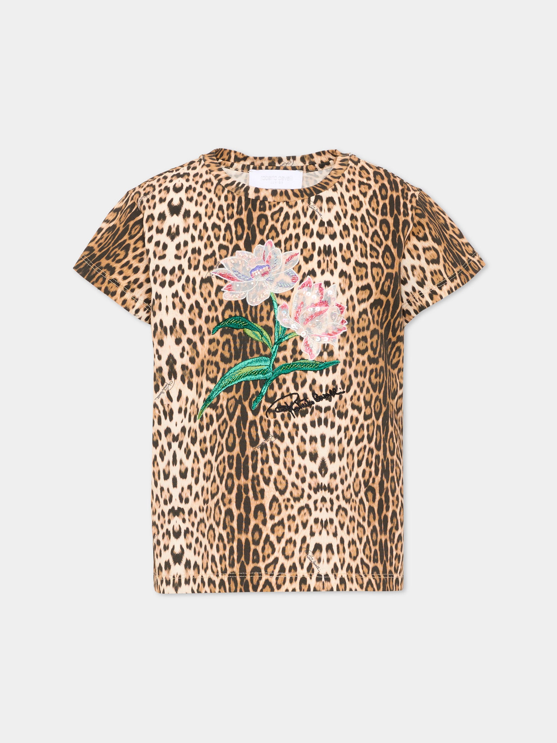 T-Shirt marrone per bambina animalier,Roberto Cavalli Kids,CGA26045TS GIAG.N/P.H