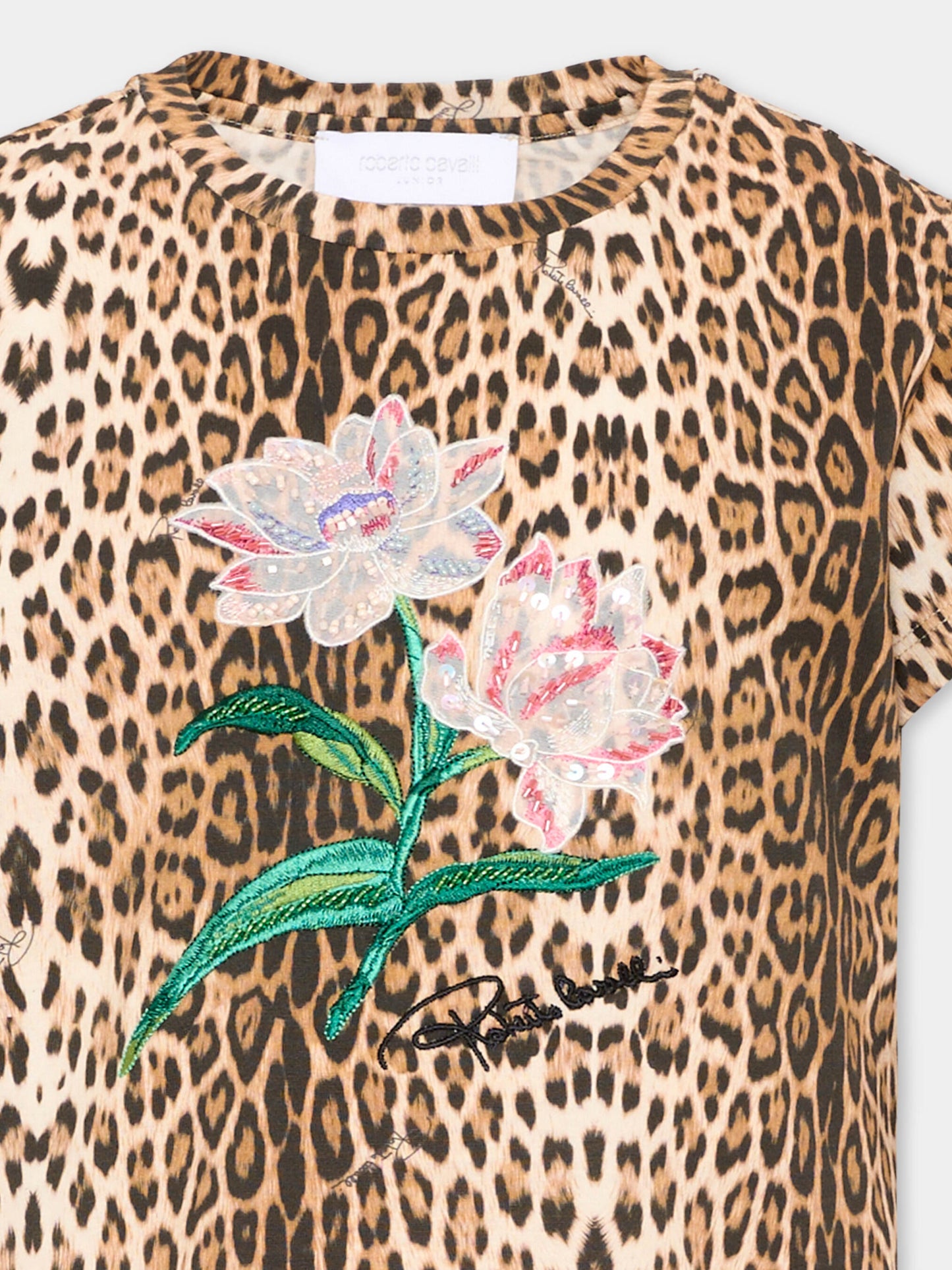 T-Shirt marrone per bambina animalier,Roberto Cavalli Kids,CGA26045TS GIAG.N/P.H