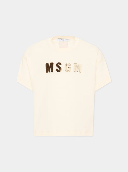 T-shirt avorio per bambina con logo,Msgm Kids,F6MSJGTH067 013