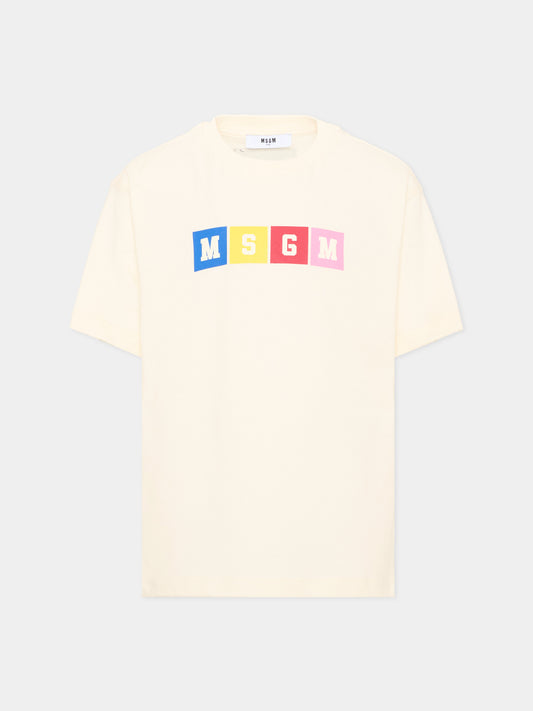 T-Shirt avorio per bambini con logo,Msgm Kids,F6MSJUTH156 013