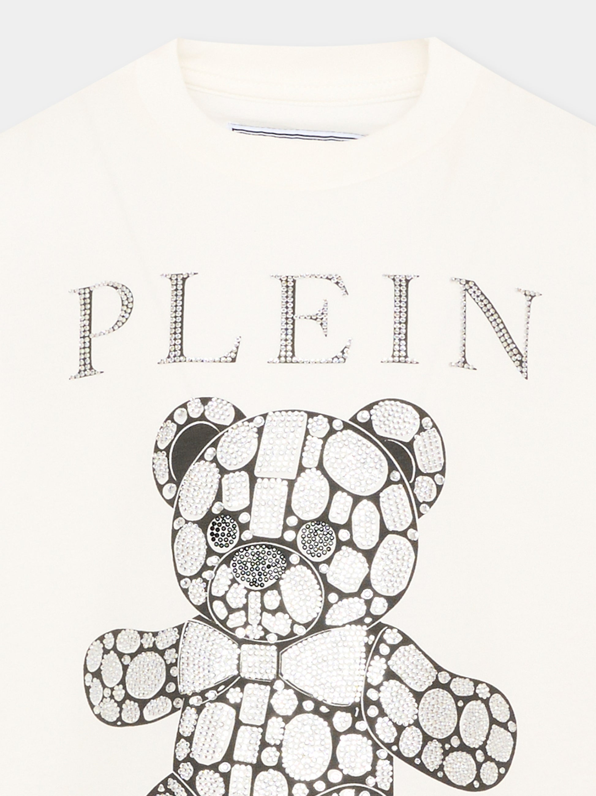 T-shirt avorio per bambina con orsetto e logo,Philipp Plein Junior,F6PHJGTH005 002