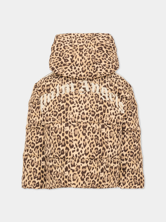 Piumini beige animalier per bambina con logo,Palm Angels,F6PAJGPF009 220