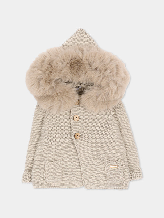 Cappotto beige per neonata in maglia con cappuccio,Martín Aranda,018-10331 E70
