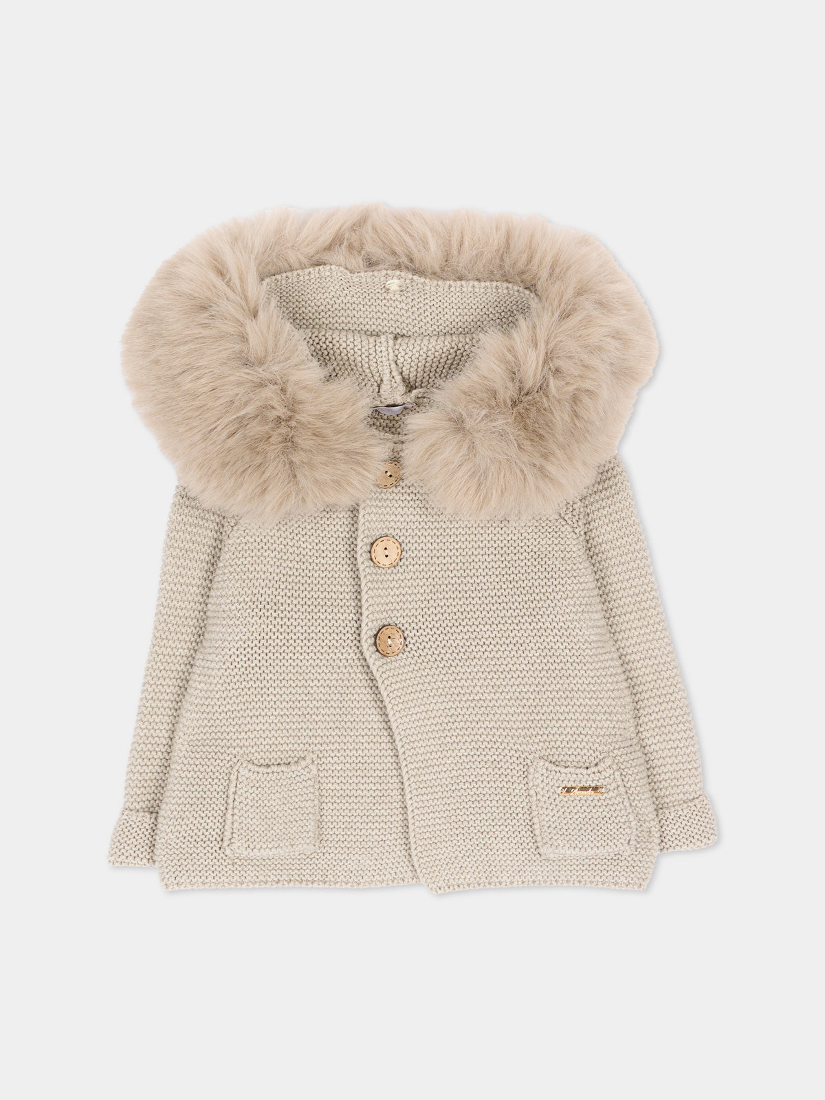Cappotto beige per neonata in maglia con cappuccio,Martín Aranda,018-10331 E70