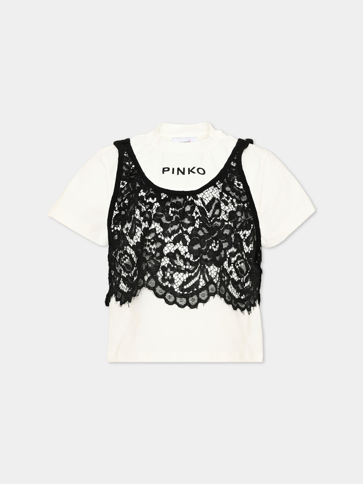 T-shirt a manica corta avorio con dettagli in pizzo per bambina,Pinko,KFTS064 C JE018 0905
