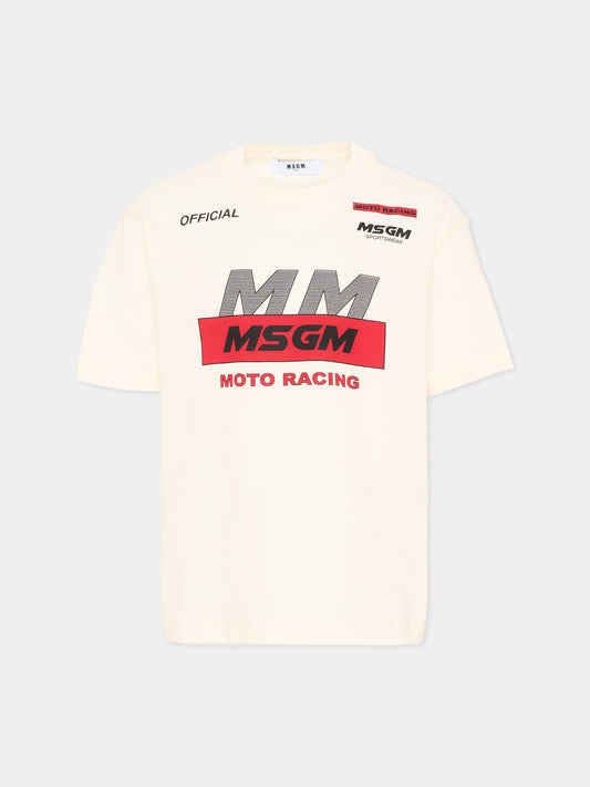 T-Shirt avorio con stampa racing per bambina,Msgm Kids,F5MSJGTH190 013