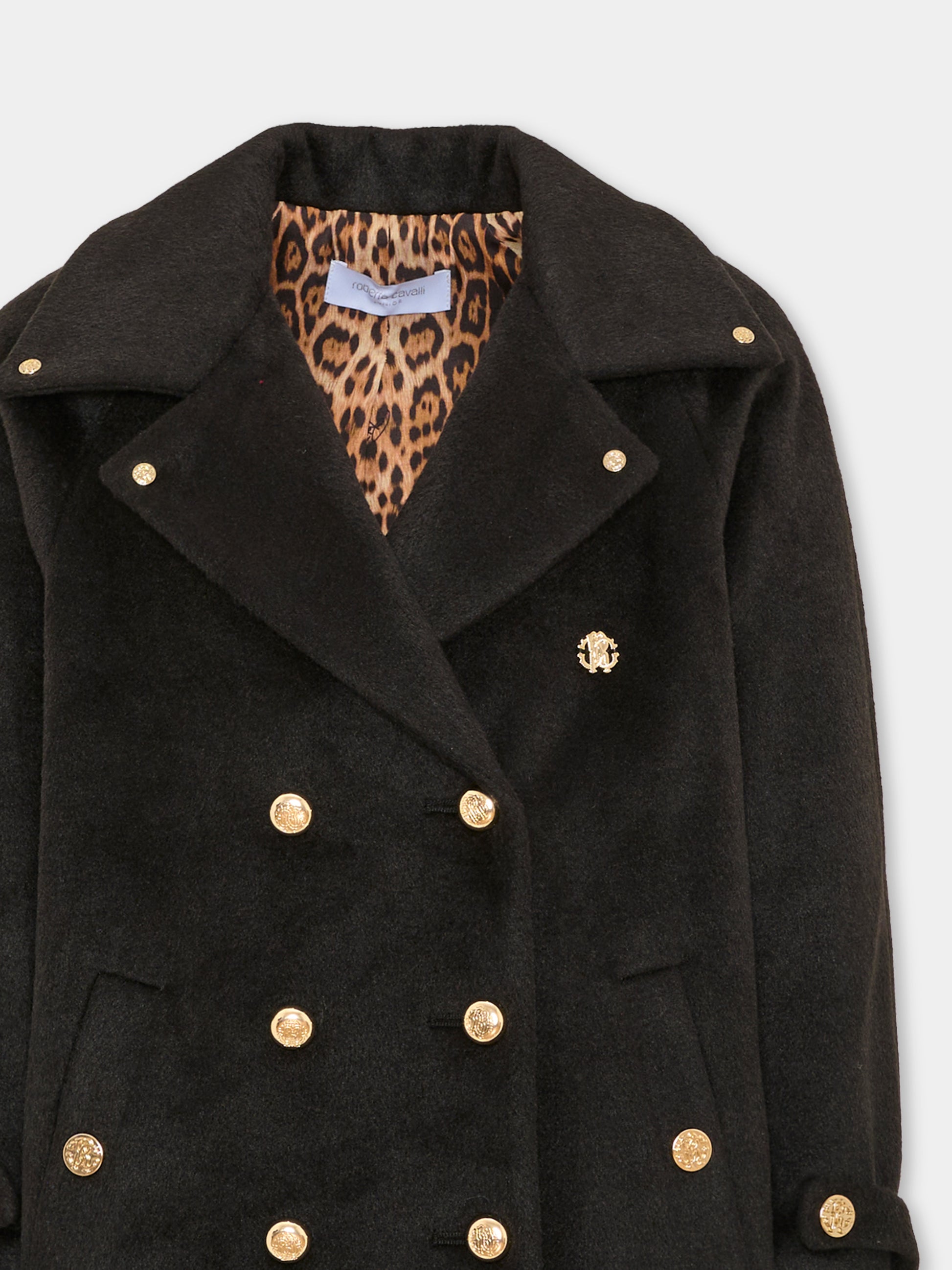Cappotto nero per bambina doppiopetto,Roberto Cavalli Kids,CGA26141CP BLACK/G.N.