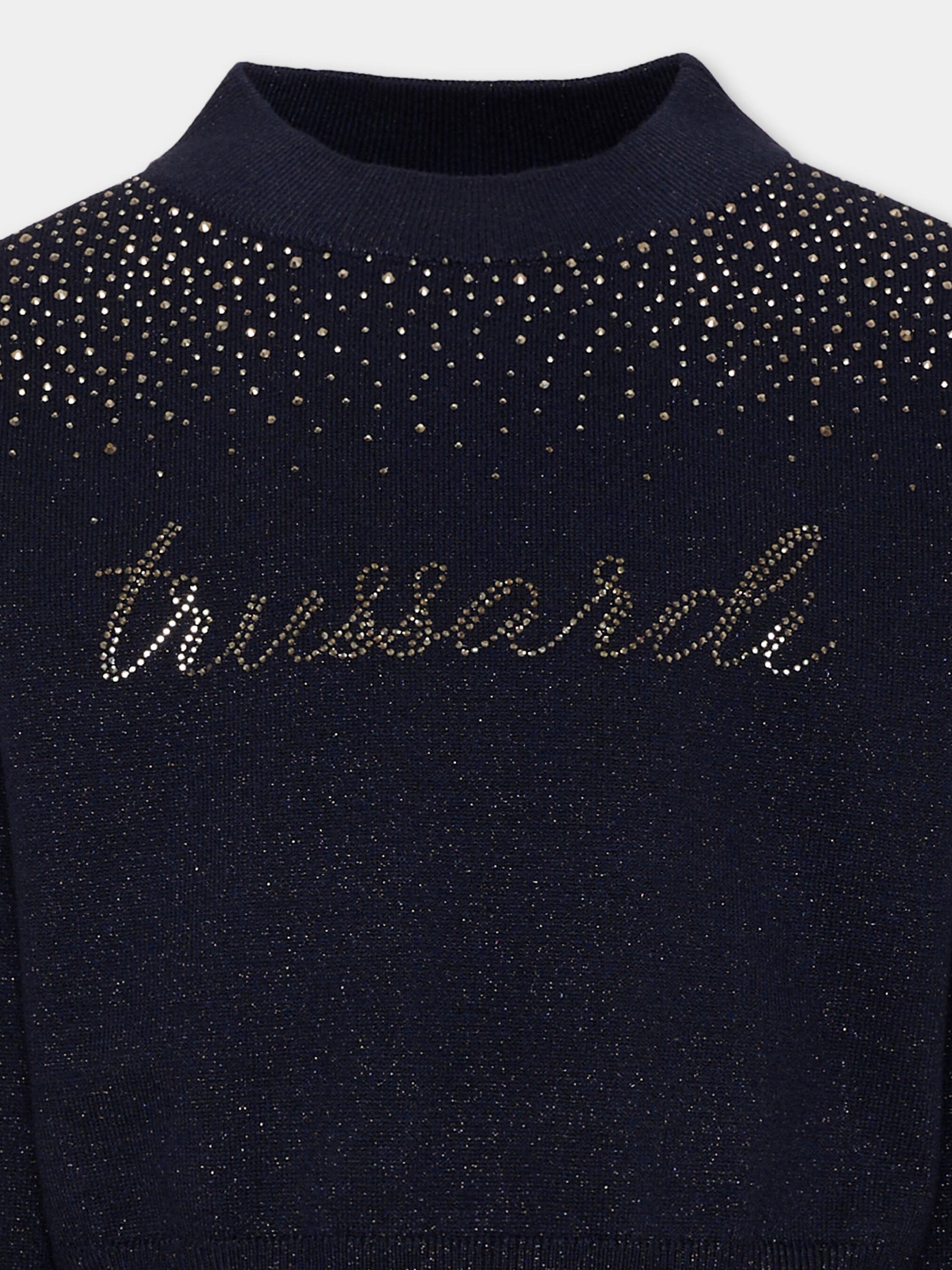 Maglione blu per bambina con strass,Trussardi Junior,TGA26020MA BLUE_NAVAL BLUE NAVAL