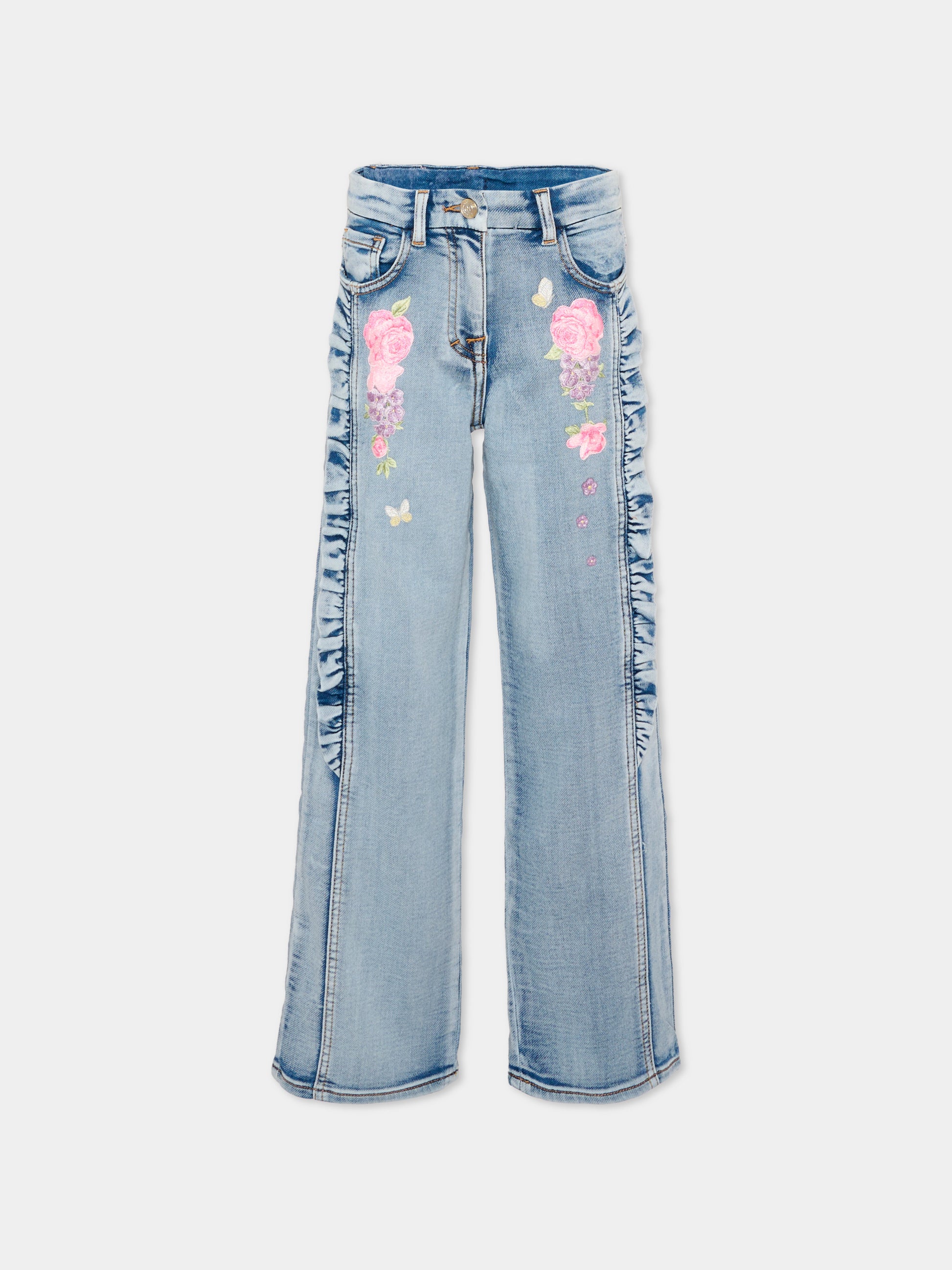 Jeans denim per bambina con ricami floreali,Monnalisa,19G404 7015 055B