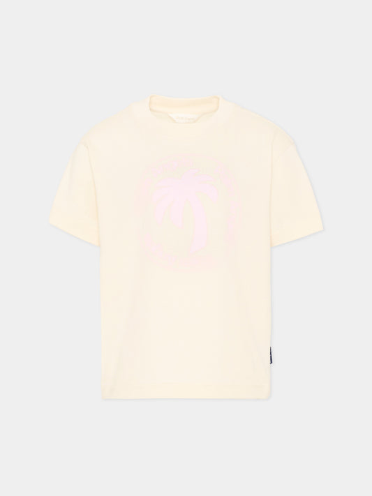 T-Shirt avorio con palma rosa per bambina,Palm Angels,PGAA002S26JER004 002