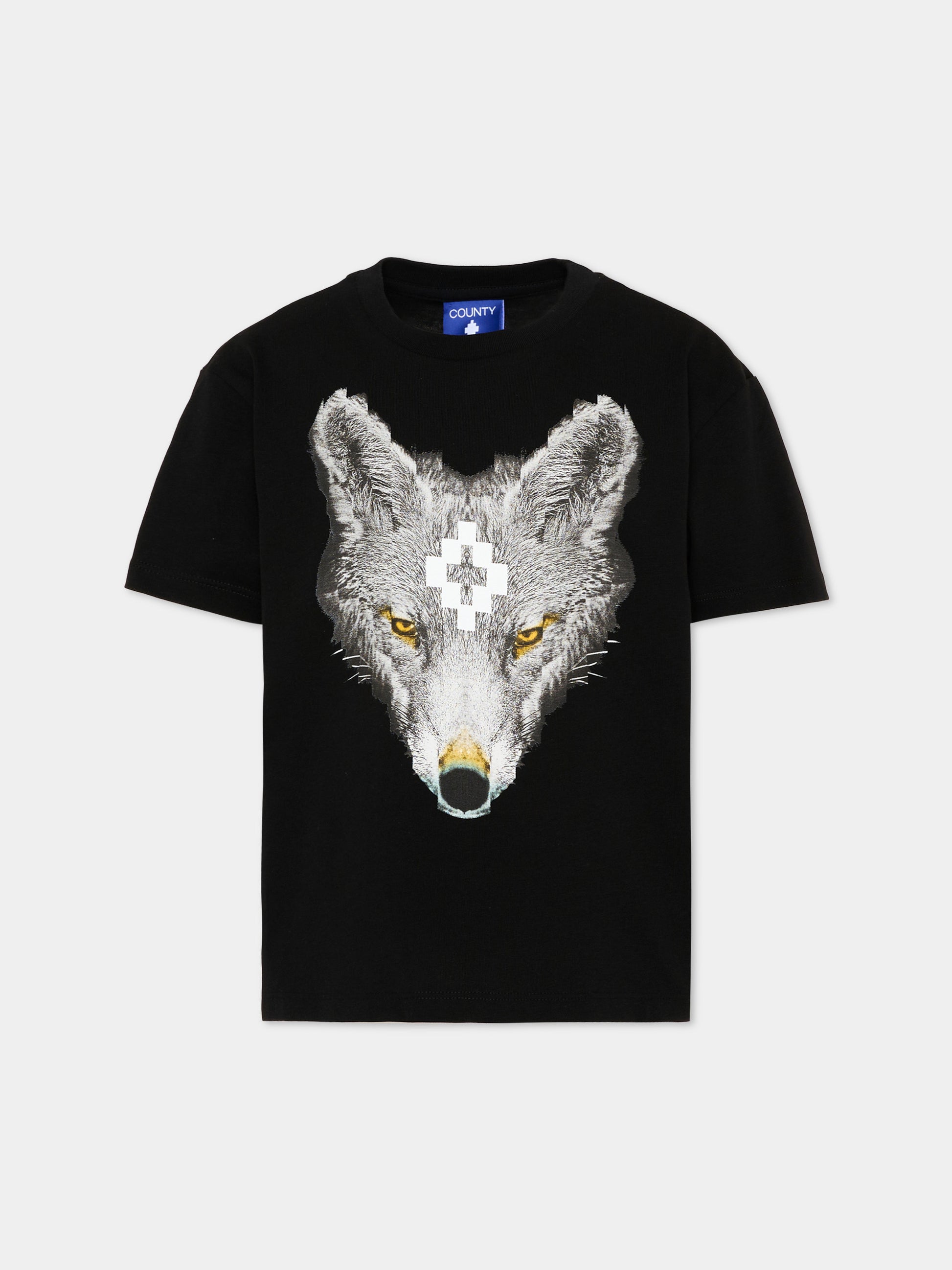 T-Shirt nera per bambino con lupo,County Of Milan Kids,F5CMJBTH078 110