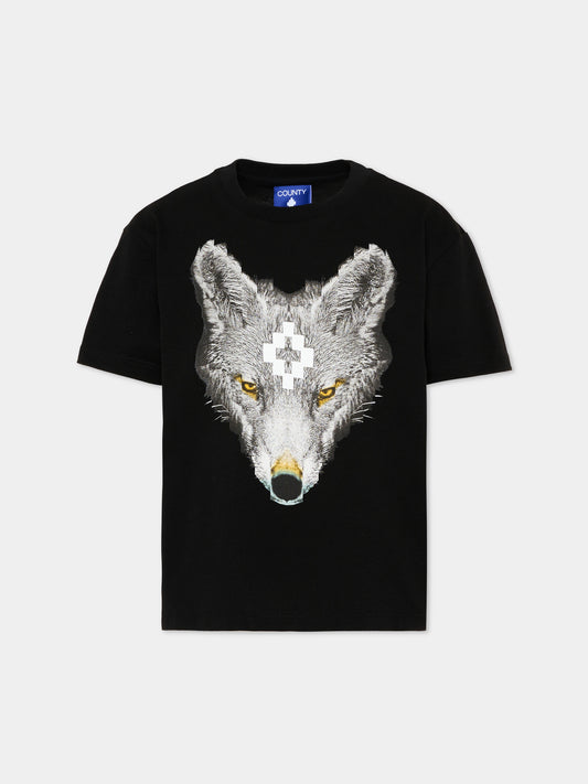 T-Shirt nera per bambino con lupo,County Of Milan Kids,F5CMJBTH078 110