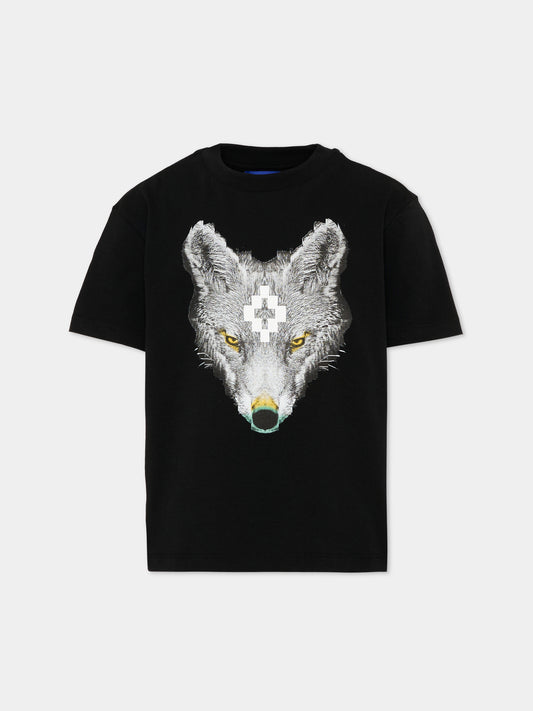 T-shirt nera per bambina con lupo,County Of Milan Kids,F5CMJGTH089 110