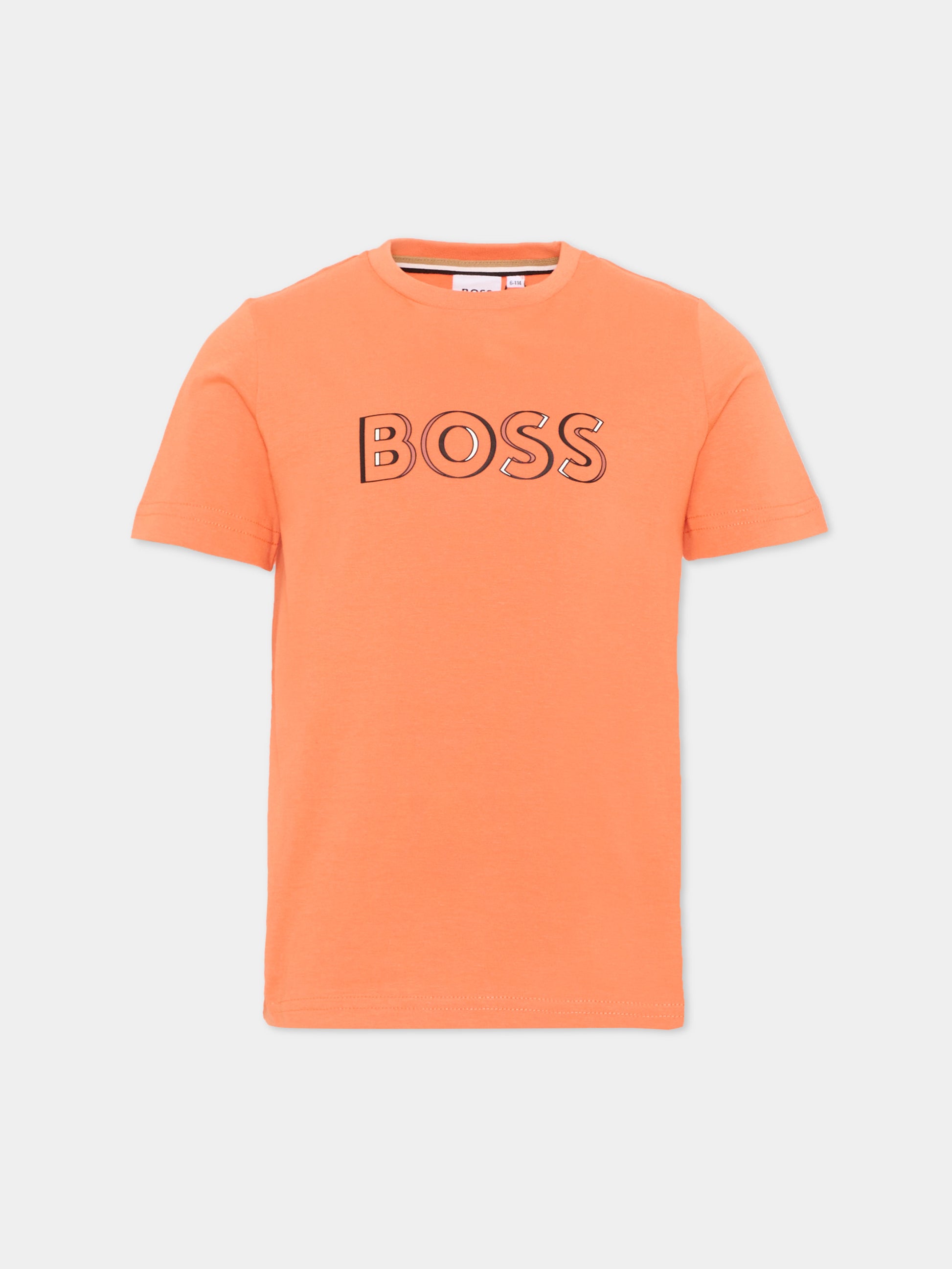 T-Shirt arancione per bambino con logo,Boss,J52034 415