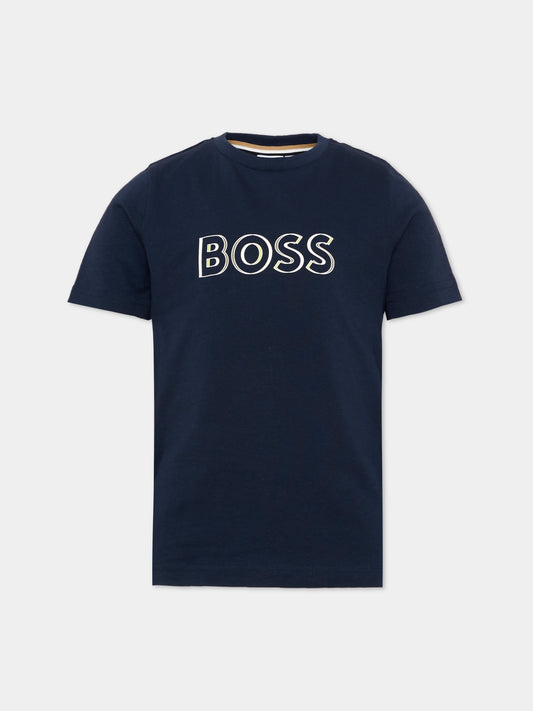 T-Shirt blu per bambino con logo,Boss,J52034 849