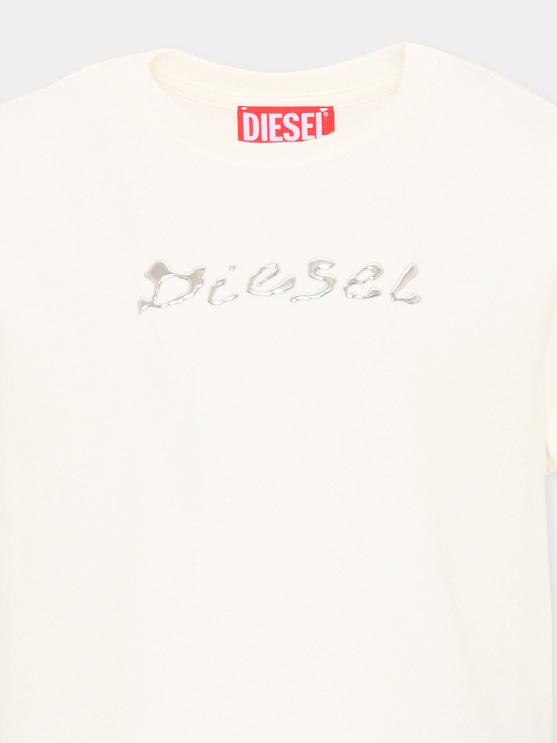 T-Shirt avorio per bambina con logo,Diesel,J02387 0GRAM K141