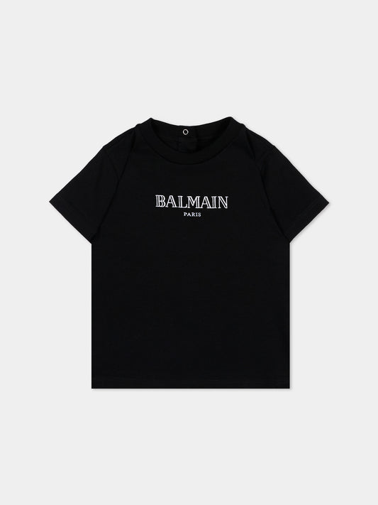 T-Shirt nera per neonati con logo,Balmain Kids,BV8591 Z0082 930BC