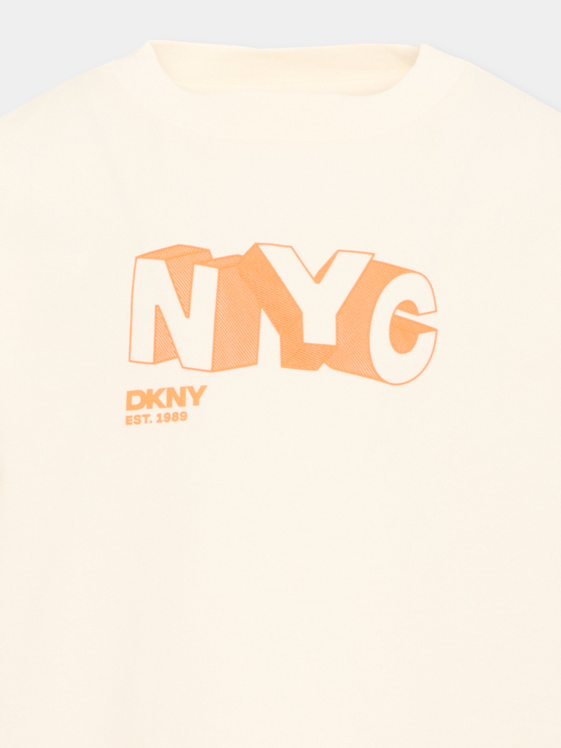 T-Shirt avorio per bambino con logo,Dkny,D62542 519