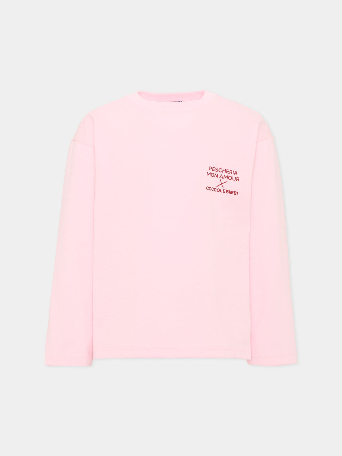 T-shirt a manica lunga rosa per bambina con frase sul retro,Pescheria Mon Amour,PMAK LS002 PNK