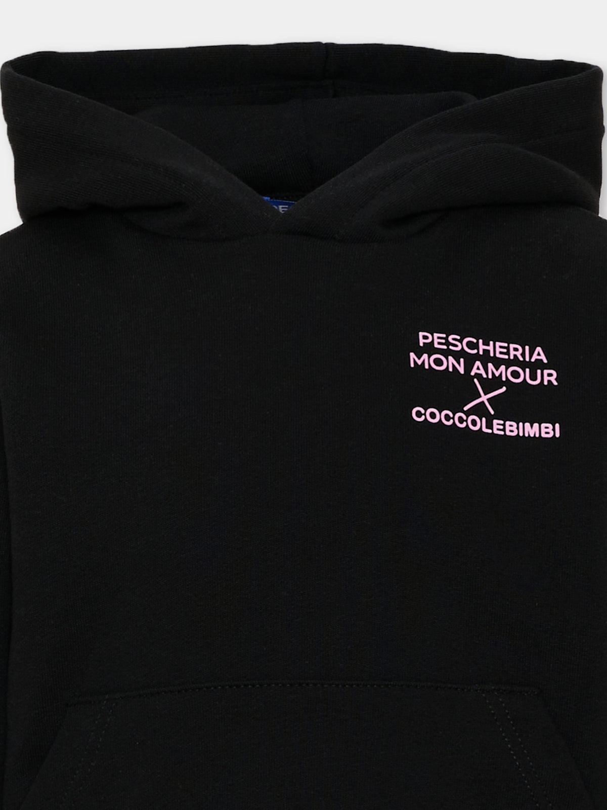 Felpa con cappuccio nera con stampa,Pescheria Mon Amour X Coccolebimbi,PMAK HD003 BLK