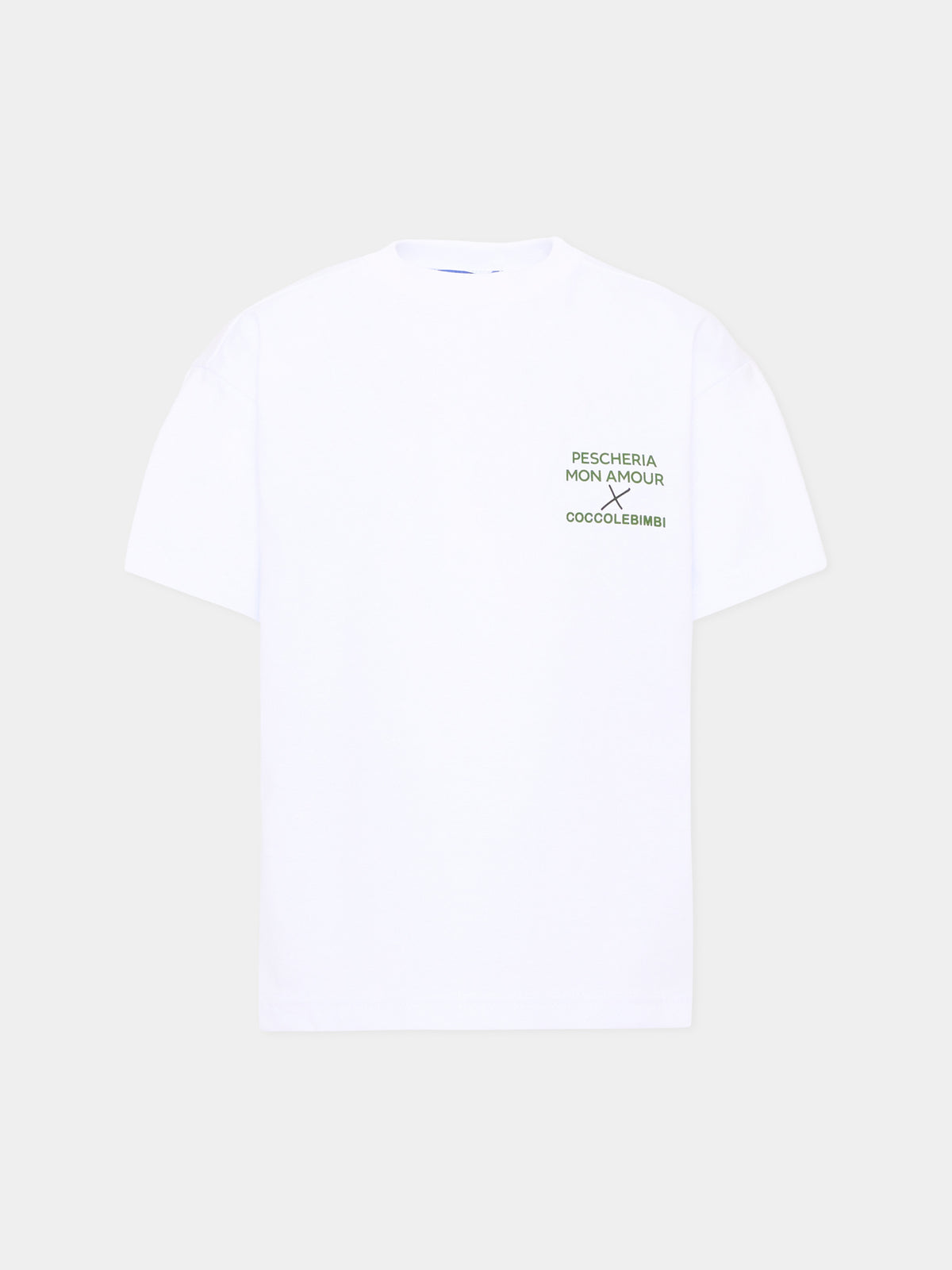 T-shirt a manica corta bianca per bambini con frase sul retro,Pescheria Mon Amour X Coccolebimbi,PMAK TS007 WHT