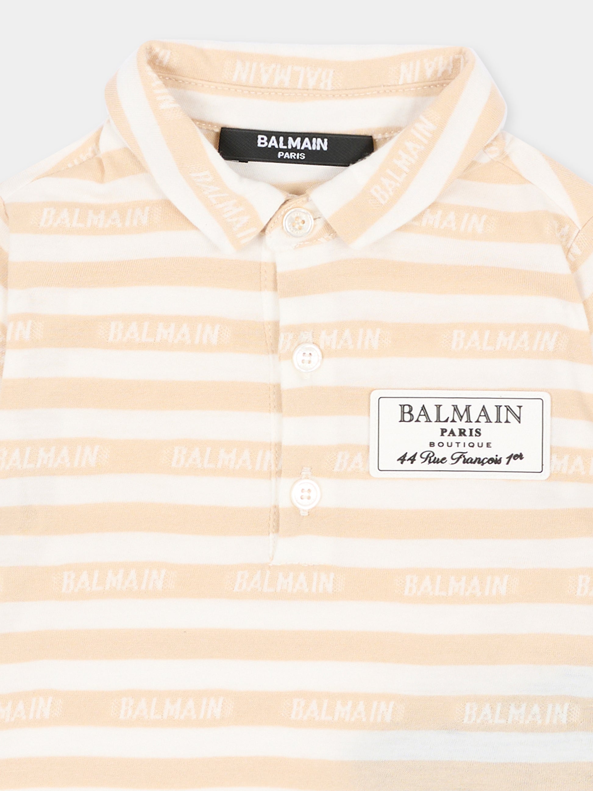 Polo avorio per neonato a righe con logo,Balmain Kids,BU8701 Z2192 102BG