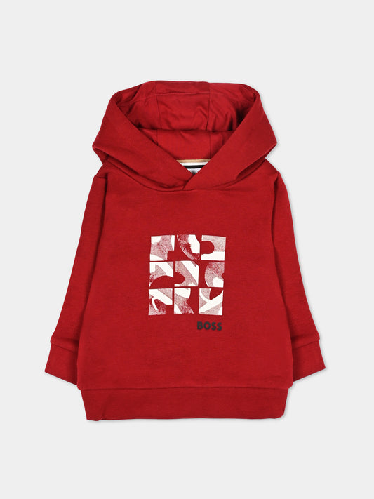 Felpa con cappuccio rossa per neonato con logo,Boss,J52461 96D