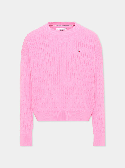 Maglione rosa per bambina a trecce,Tommy Hilfiger Junior,KG0KG08848 TOU
