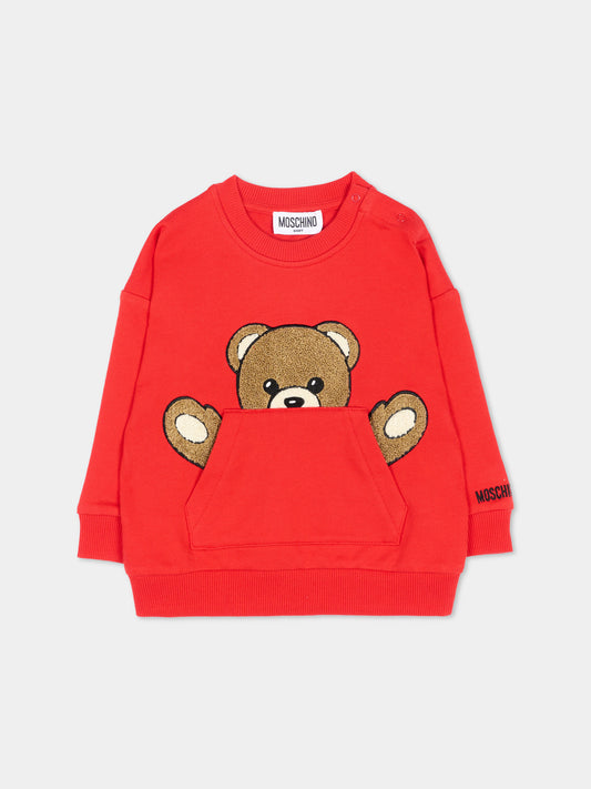Felpa girocollo rossa Teddy Bear per neonati,Moschino Kids,MUF06K LCA93 50109