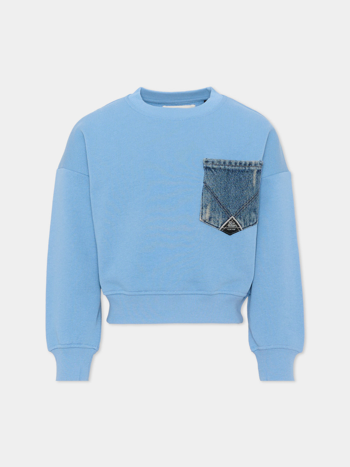 Felpa girocollo azzurra con tasca denim per bambino,Roy Roger's Kids,R F152 00 3762