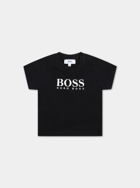T-shirt nera per neonato con logo bianco,Hugo Boss,J05P07 09B